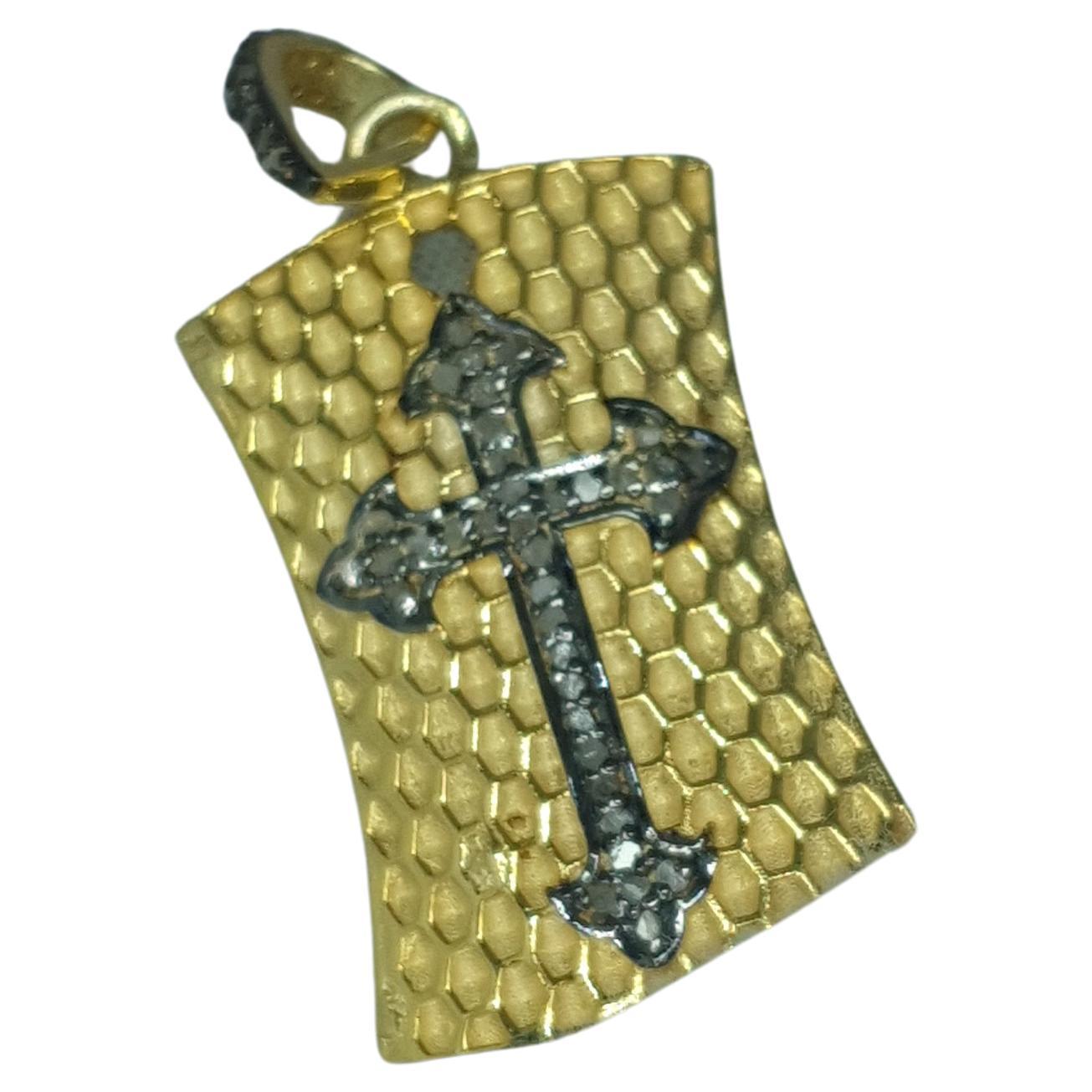 Pave Diamond Cross Charm Pendant 925 Silver Gold Pendant. For Sale