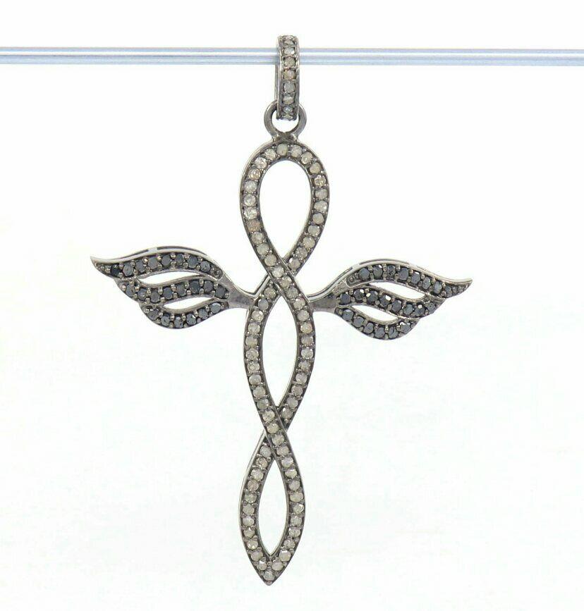 Uncut Pave Diamond Cross Necklace 925 Silver Diamond Religious Charm Pendant Gift For Sale
