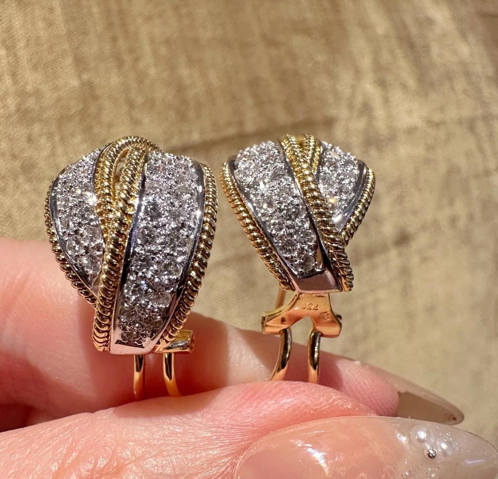 Round Cut Pave Diamond Crossover Earrings in 18k Yellow Gold For Sale