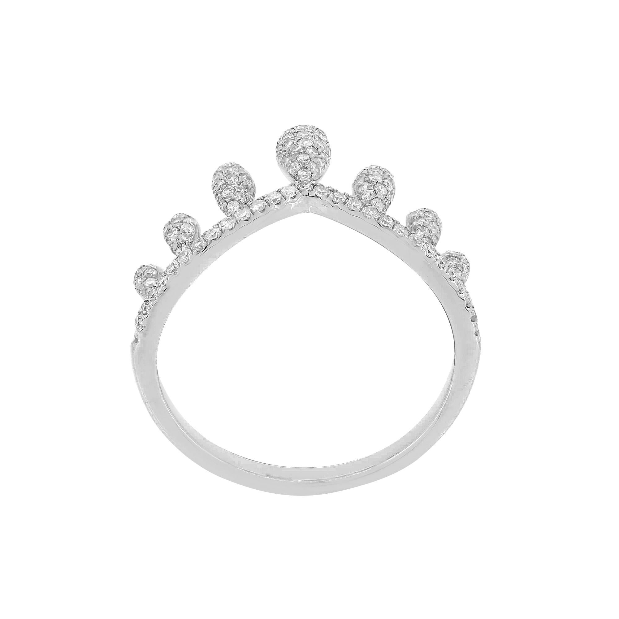 This stunning crown ring is featured with round cut diamonds set in pear shaped motifs graduating on both ends. Each ring is made with 145 round diamonds in micro pave setting.
