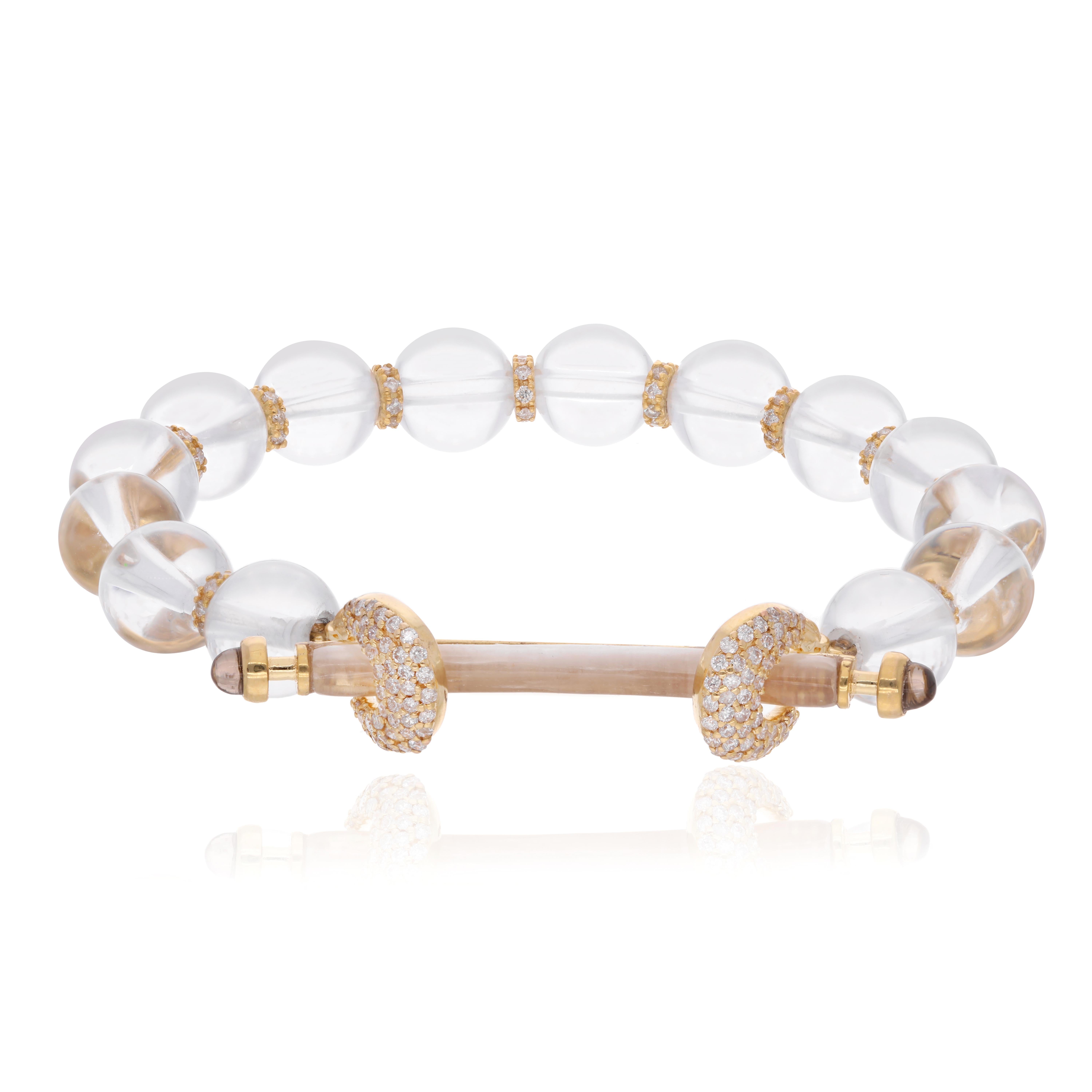 Moderno Bracciale con perline di cristallo di quarzo fumé con diamante Pave Gioielli in oro giallo 18 carati in vendita