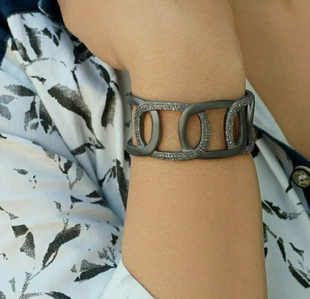 Women's Pave Diamond Cuff Designer Bracelet/Bangle in 925 Sterling Silver For Sale