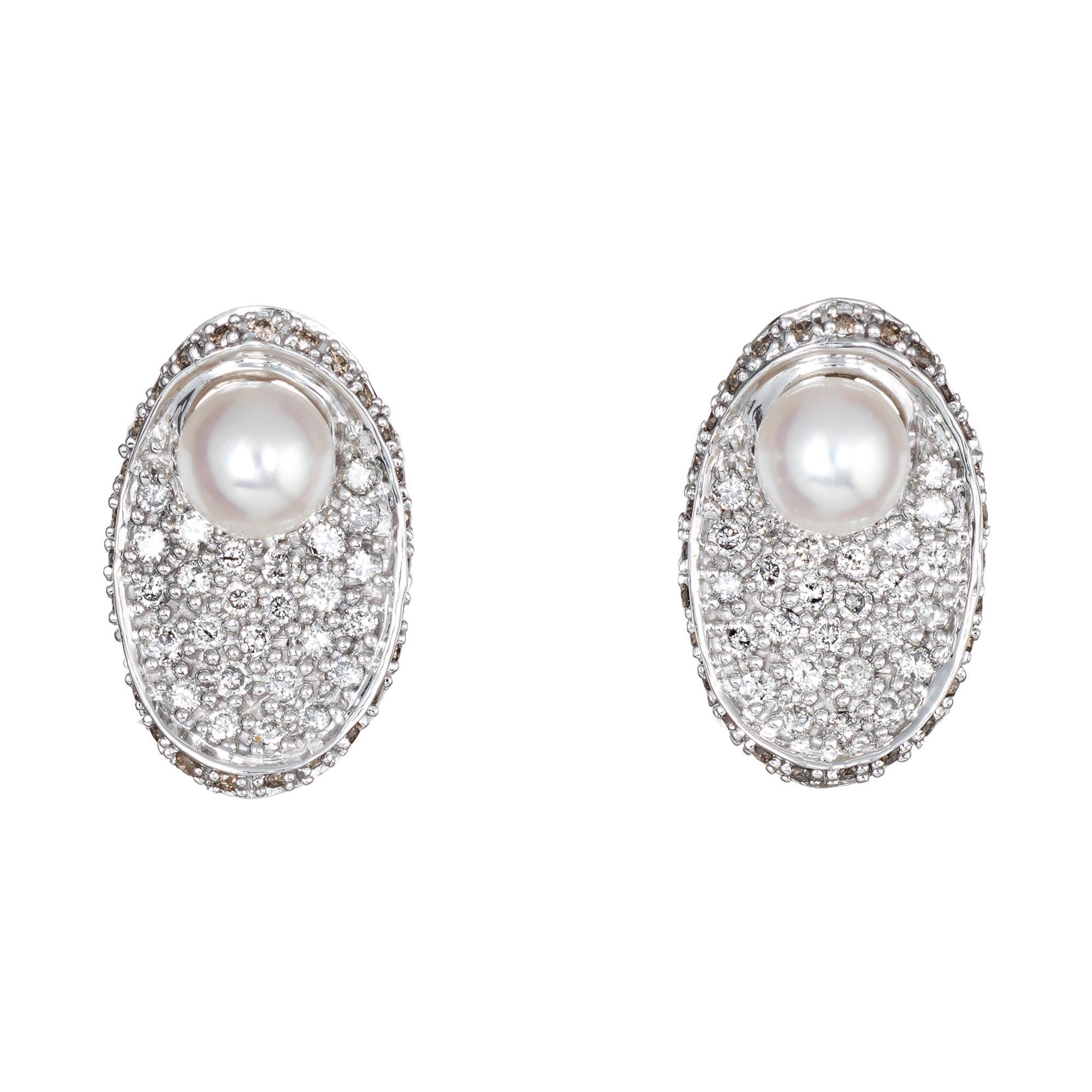 Pave Diamond Cultured Pearl Earrings Oval Stud Estate 14 Karat Gold Concave