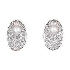 Pave Diamond Cultured Pearl Earrings Oval Stud Estate 14 Karat Gold Concave