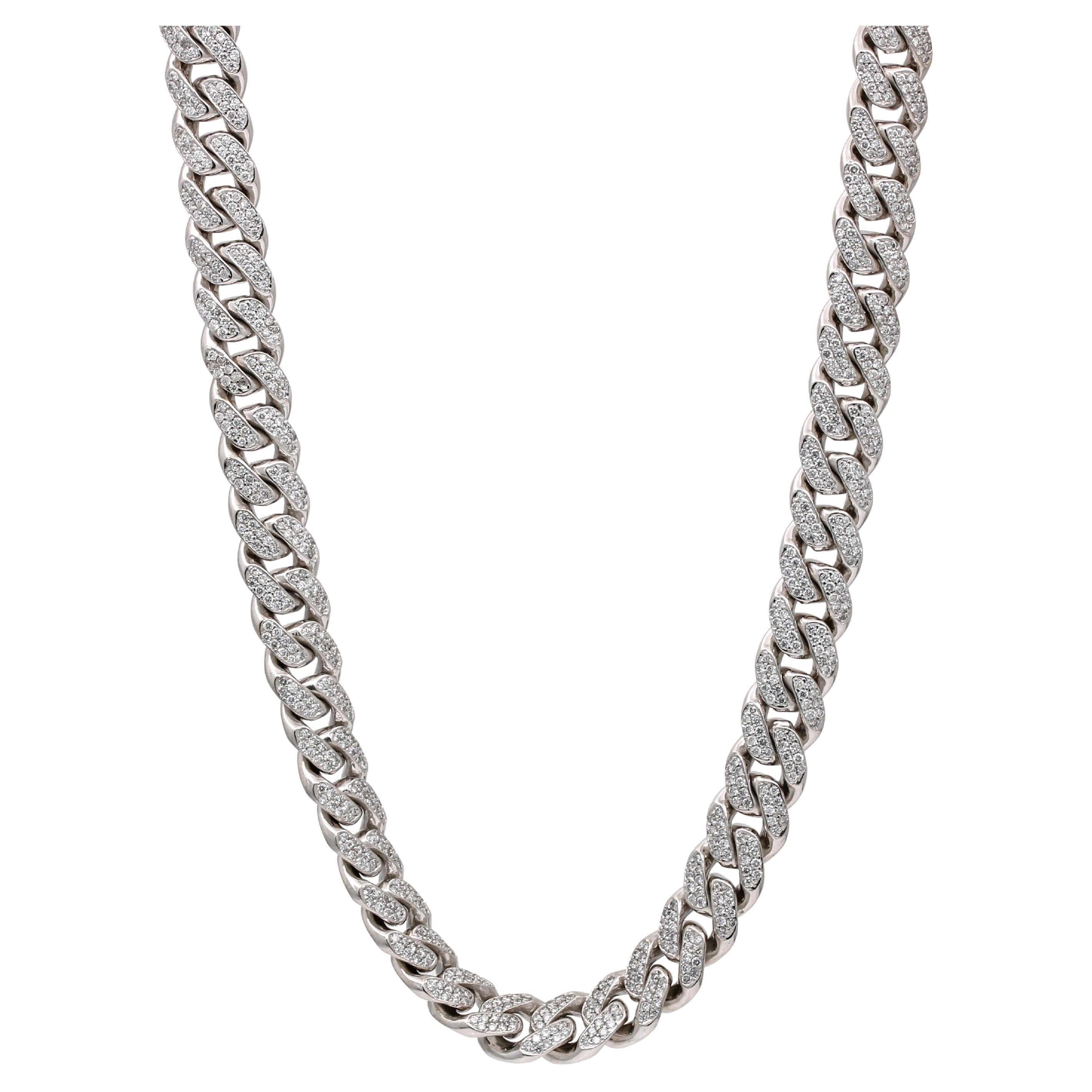 Pave Diamond Curved Cuban Link Solid 14k White Gold Chain Necklace For Sale
