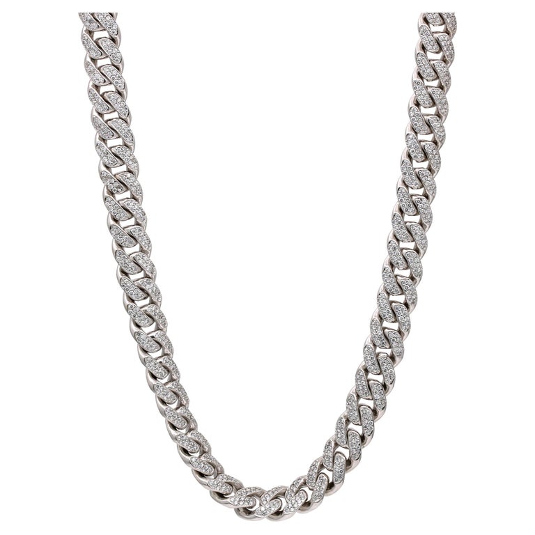 Pave Diamond Curved Cuban Link Solid 14k White Gold Chain Necklace For