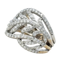Pavé Diamond Cutout Leaf Motif Wide Band Ring in 14 Karat White Gold