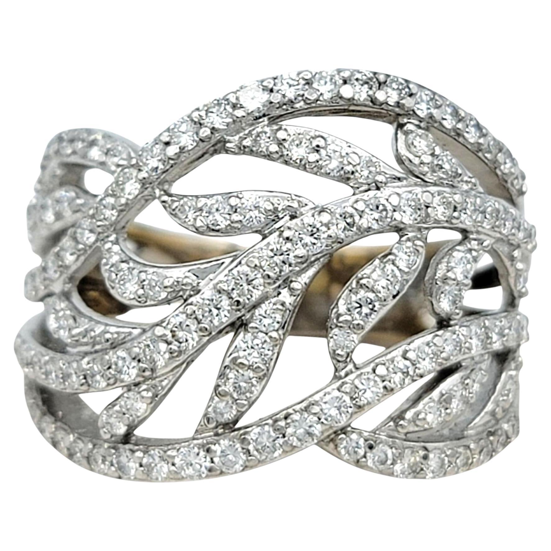 Pavé Diamond Cutout Leaf Motif Wide Band Ring in 14 Karat White Gold