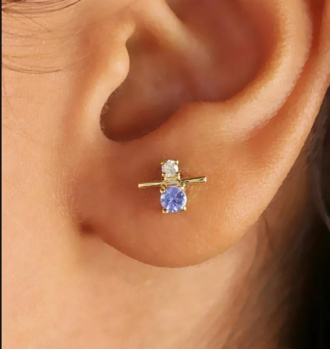 Boucles d'oreilles ravissantes en or 14 carats avec diamants pavés et tanzanite, cadeau de anniversaire en vente 2
