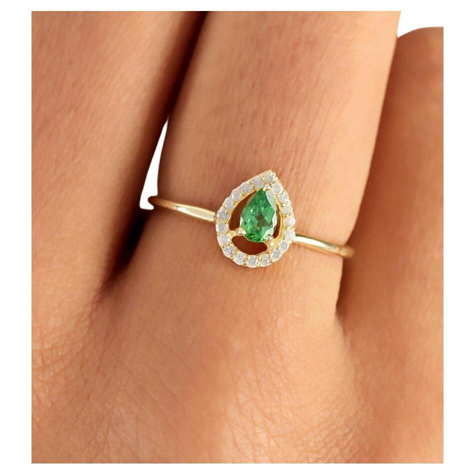 Pave Diamond Dainty Prong Ring 14k Gold Tsavorite Garnet Minimalist Jewelry Ring For Sale