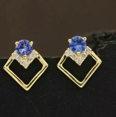 Pave Diamond Dainty Square Earring 14k Gold Tanzanite Minimalist Stud Earring.