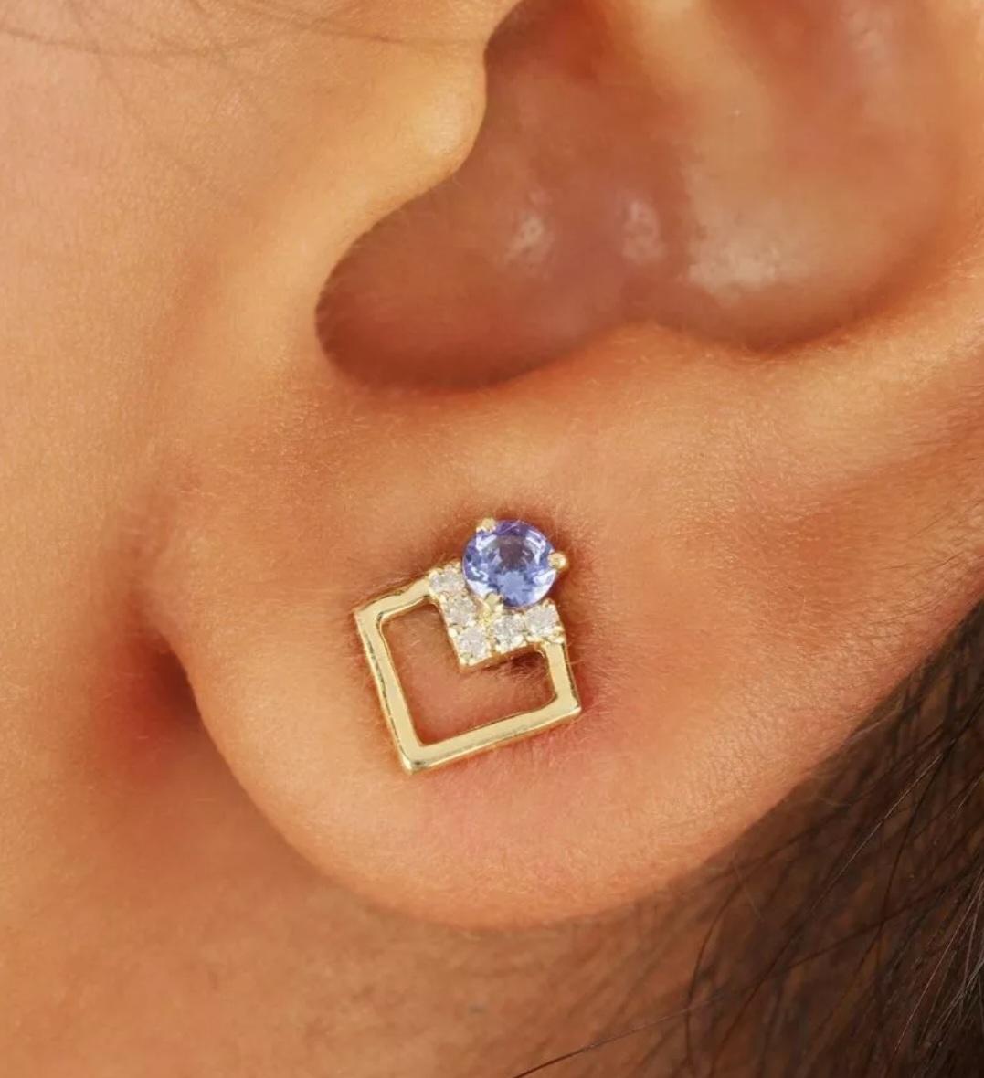 Art Deco Pave Diamond Dainty Square Earring 14k Gold Tanzanite Minimalist Stud Earring. For Sale