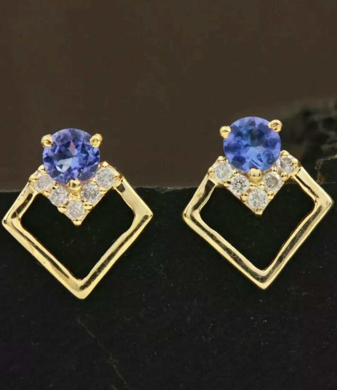 Pave Diamond Dainty Square Earring 14k Gold Tanzanite Minimalist Stud Earring. For Sale 1
