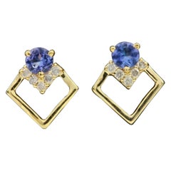 Pave Diamond Dainty Square Earring 14k Gold Tanzanite Minimalist Stud Earring.