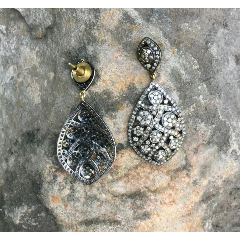 Round Cut Pave Diamond Dangle Drop Earring 14k Gold & 925 Silver For Sale