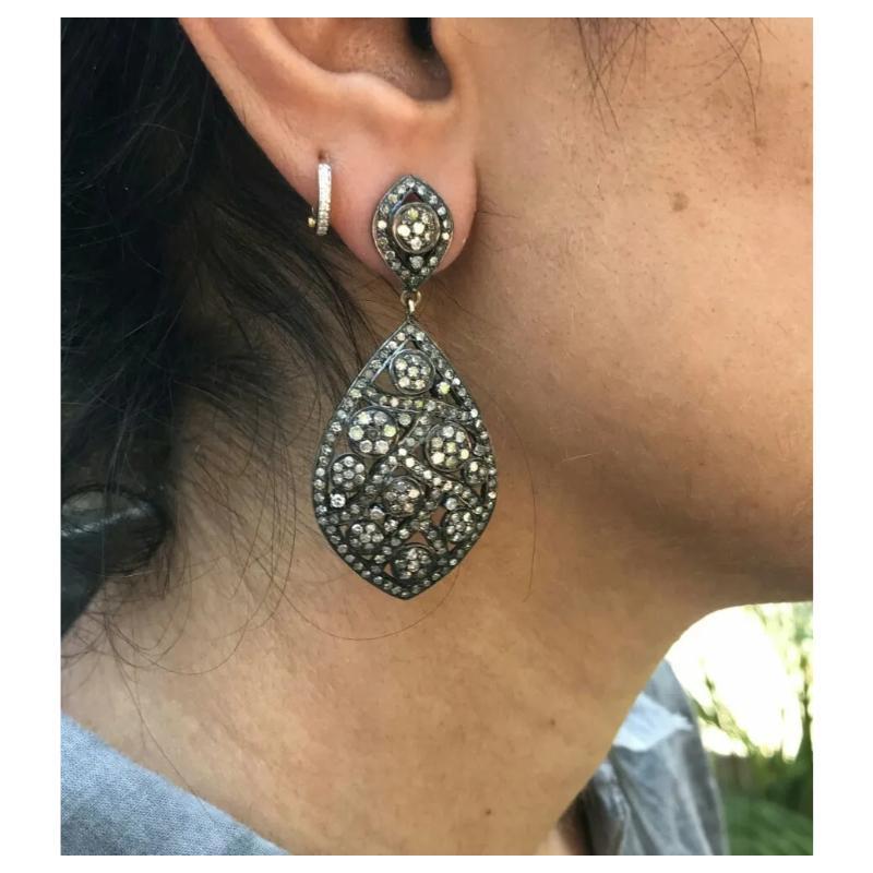 Pave Diamond Dangle Drop Earring 14k Gold & 925 Silver In New Condition For Sale In Chicago, IL