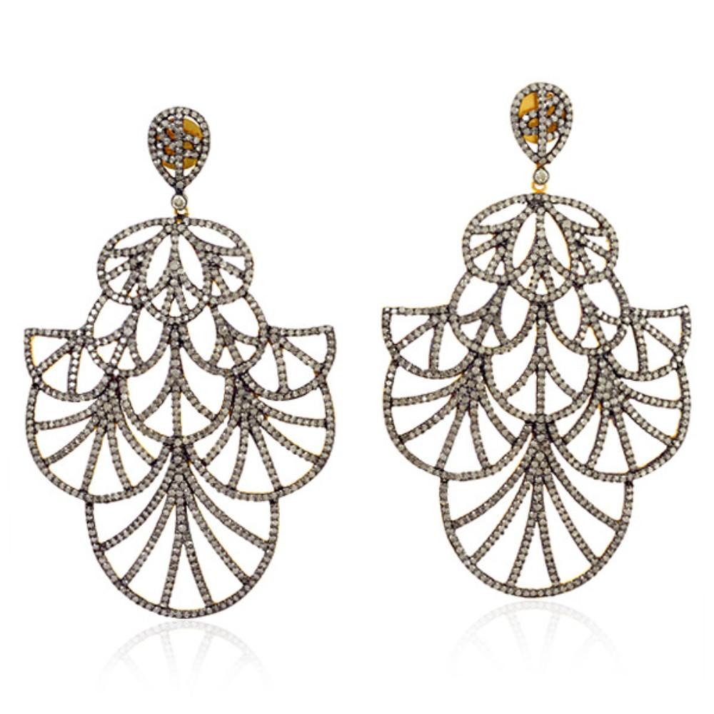 Pave Diamond Dangle Earring Set Made In 18k Gold & Silver In New Condition For Sale In New York, NY