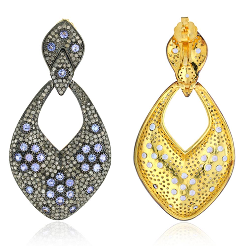Artisan Pave Diamond Dangle Earrings Equipped with Tanzanite in 14k Yellow Gold & Silver For Sale