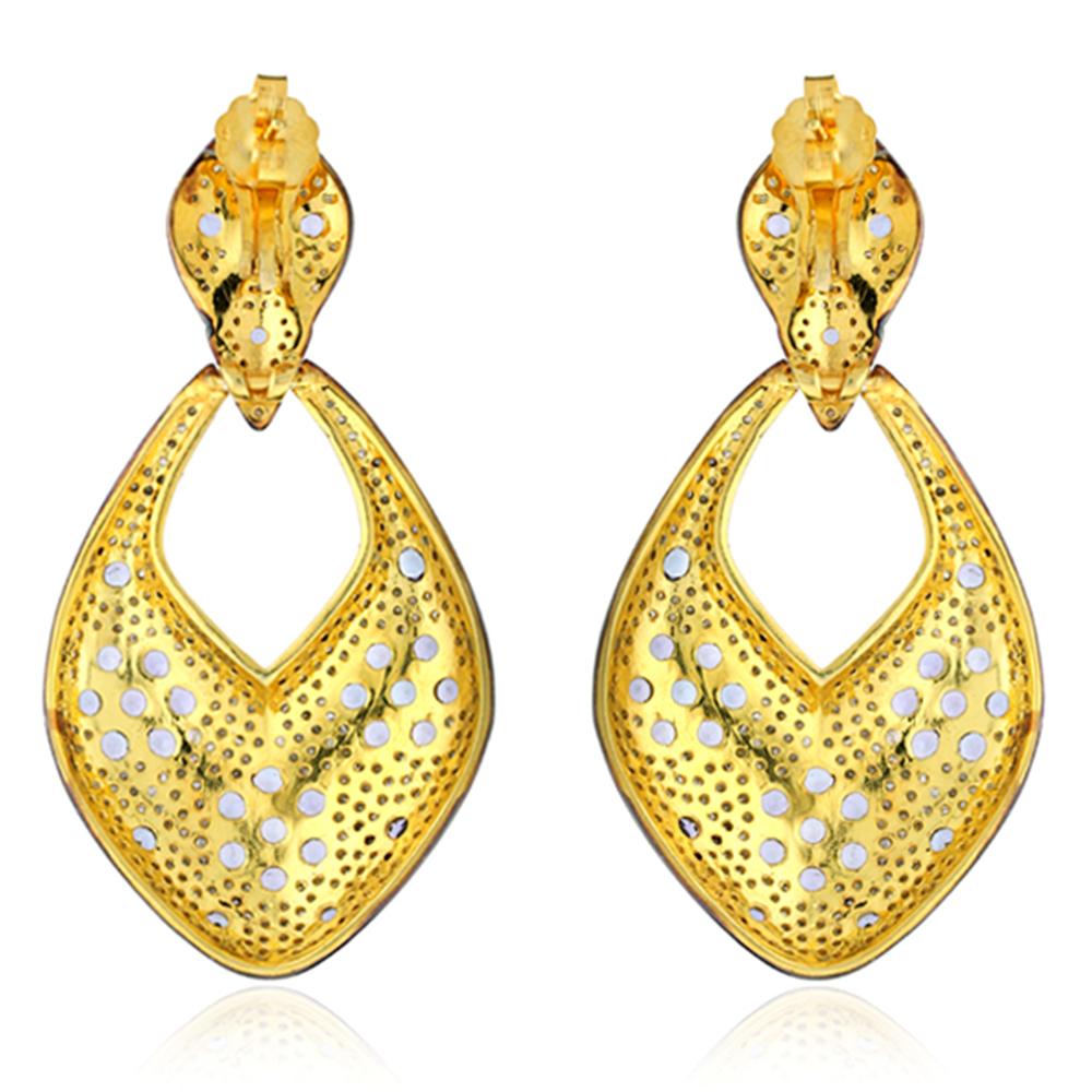 Artisan Pave Diamond Dangle Earrings Equipped with Tanzanite in 14k Yellow Gold & Silver For Sale