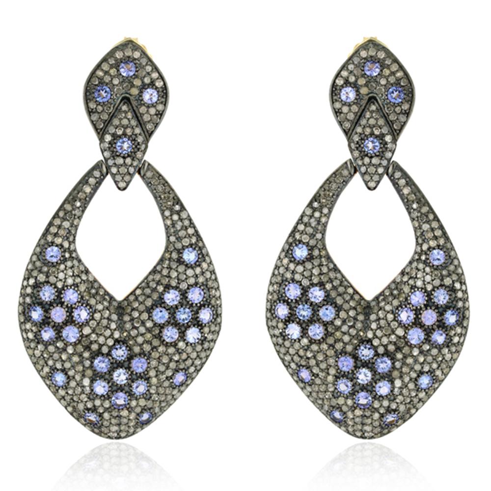 Mixed Cut Pave Diamond Dangle Earrings Equipped with Tanzanite in 14k Yellow Gold & Silver For Sale