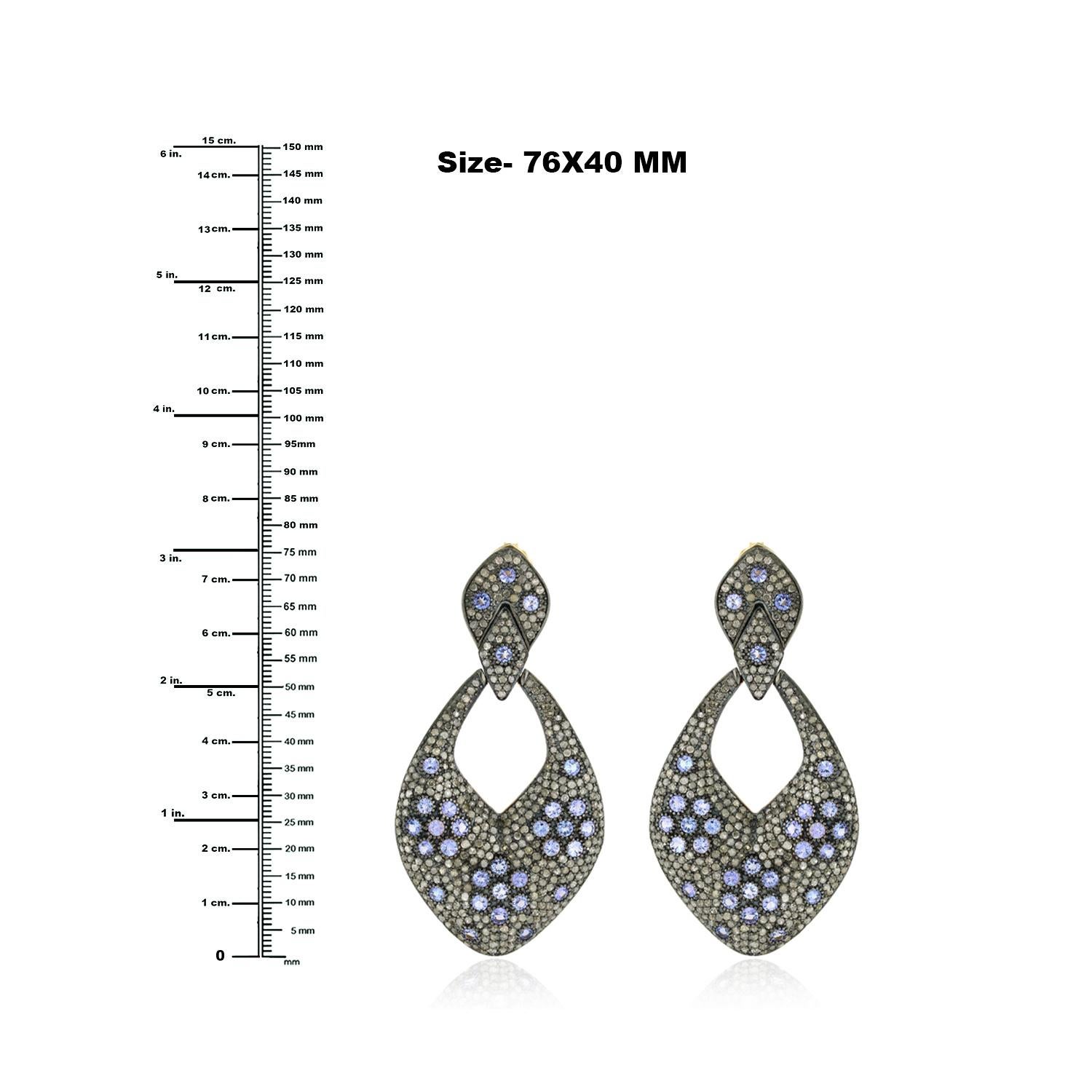 Women's Pave Diamond Dangle Earrings Equipped with Tanzanite in 14k Yellow Gold & Silver For Sale