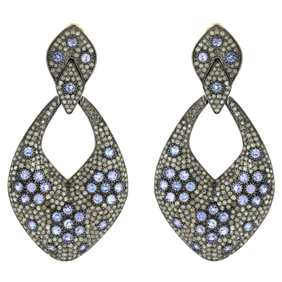 Orecchini pendenti con diamanti Pave e tanzanite in oro giallo 14k e argento