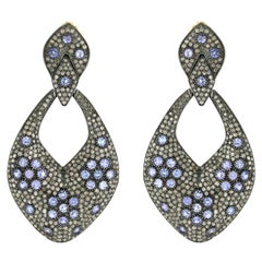 Orecchini pendenti con diamanti Pave e tanzanite in oro giallo 14k e argento