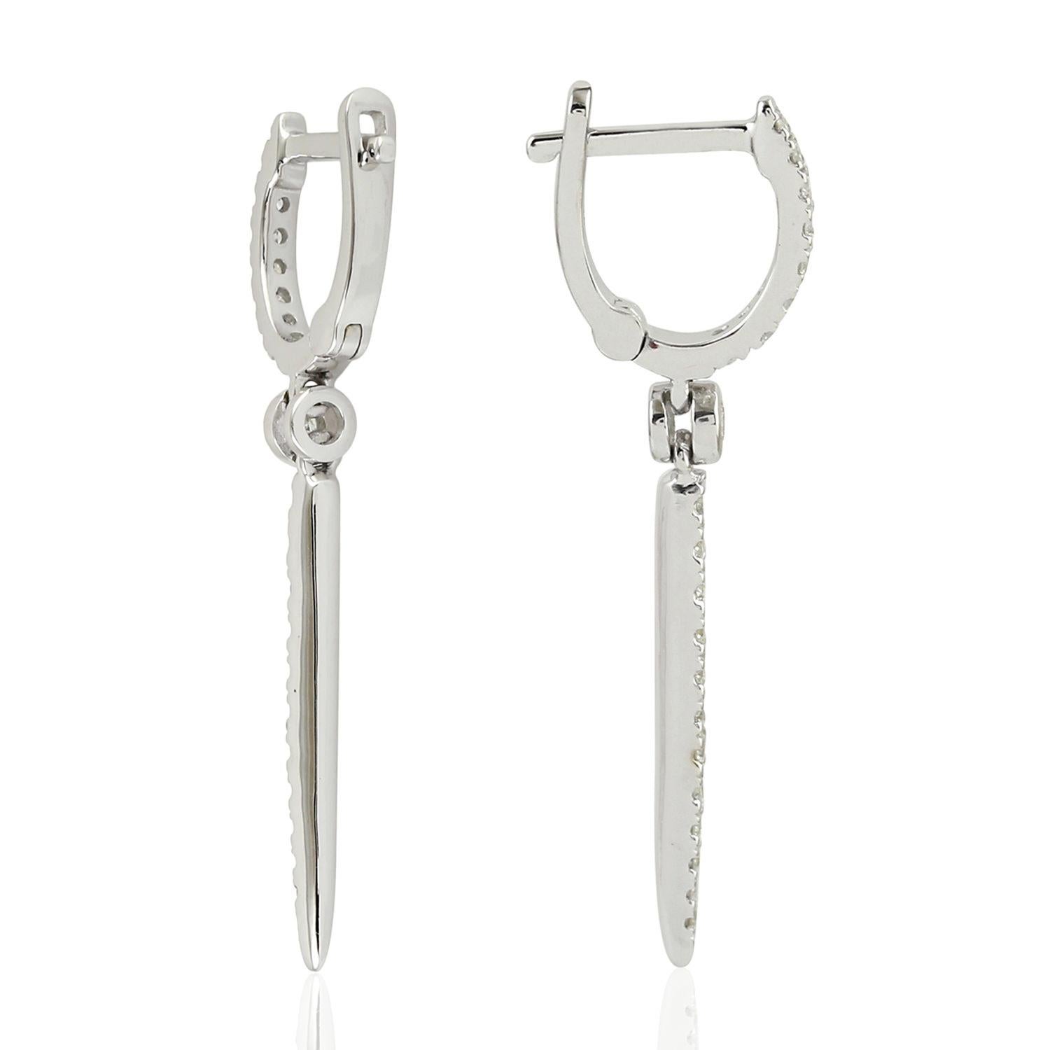 Artisan Pave Diamond Dangle Earrings Made In 14K White Gold For Sale