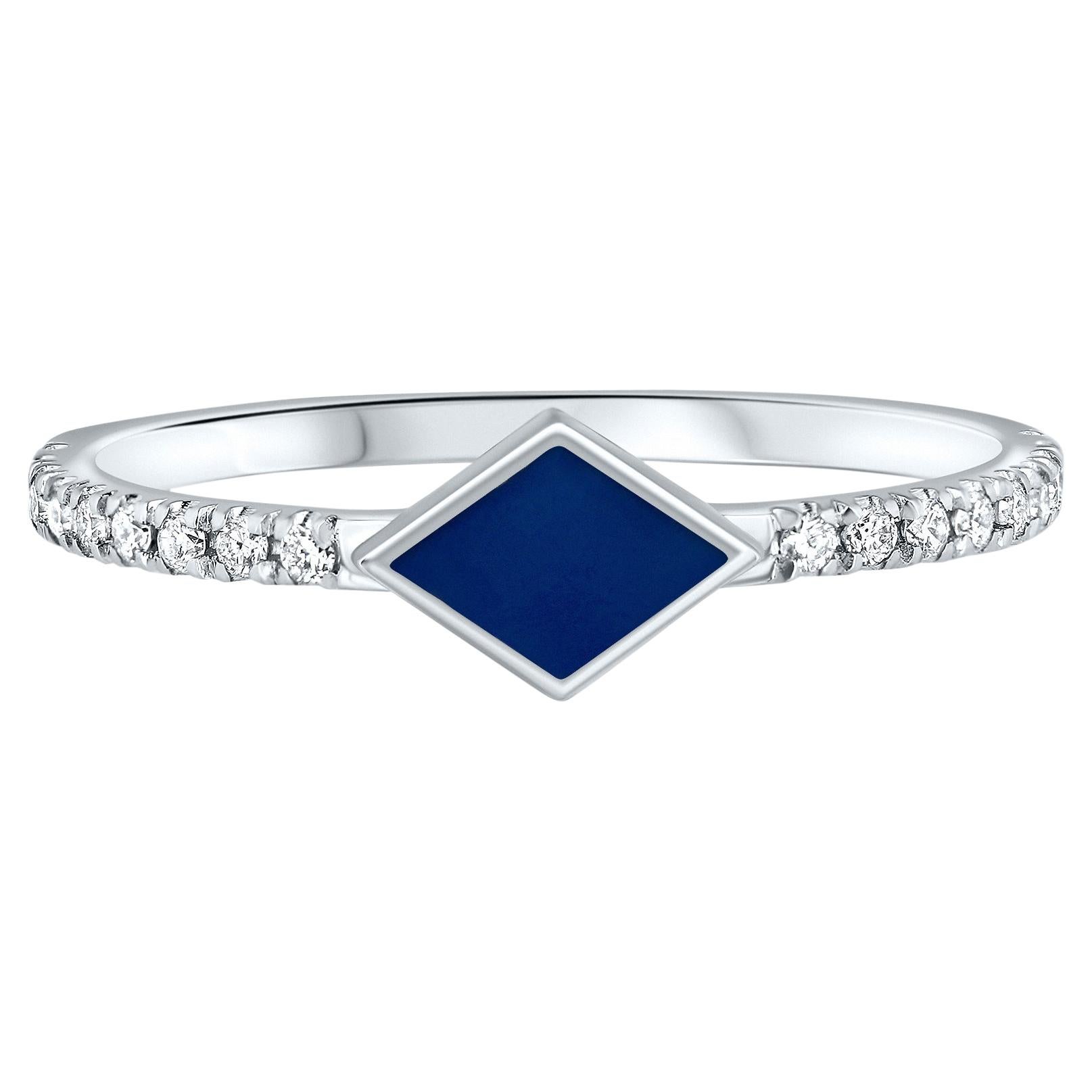 Pave Diamond Dark Blue Enamel Rhombus Ring in 14K White Gold, Shlomit Rogel