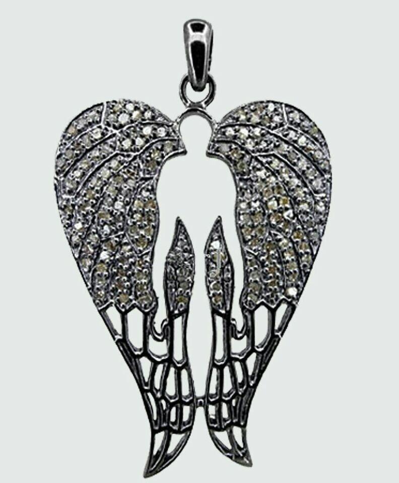 Uncut Pave Diamond Designer Wing Pendant 925 Silver Diamond Angel Wing Necklace Charm For Sale