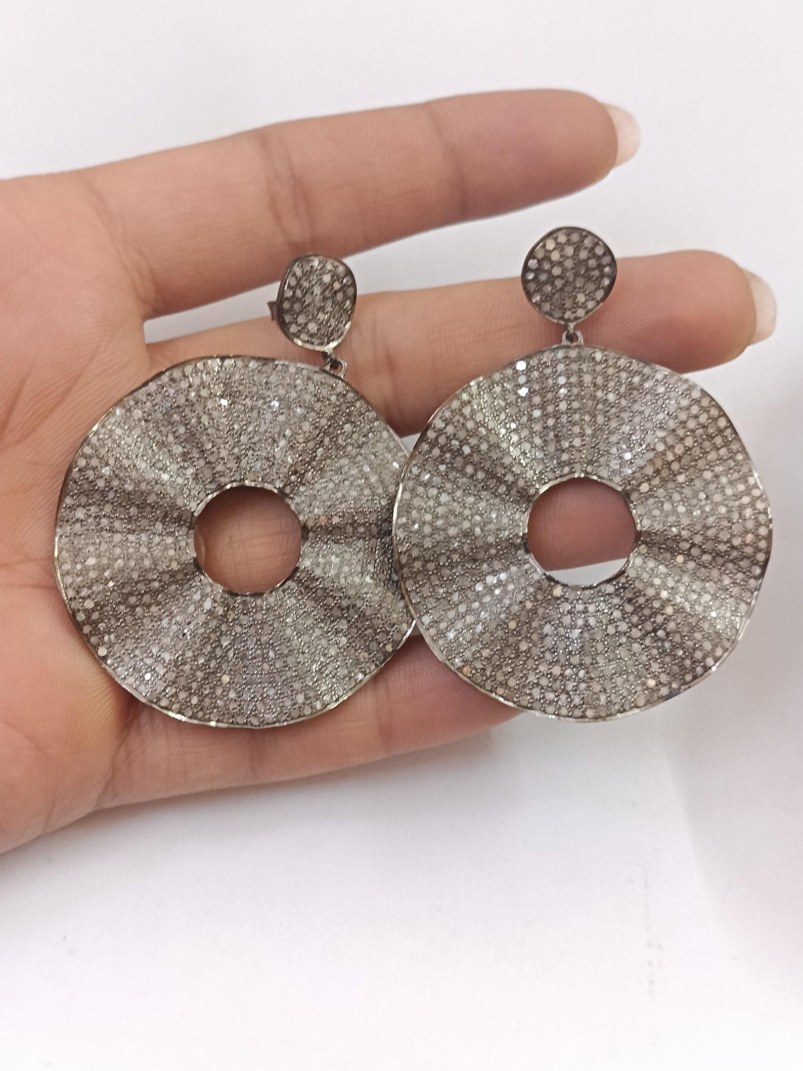 Pave Diamond Disc Dangle Earring 925 Sterling Silver Antique Jewellery Gift. For Sale 1