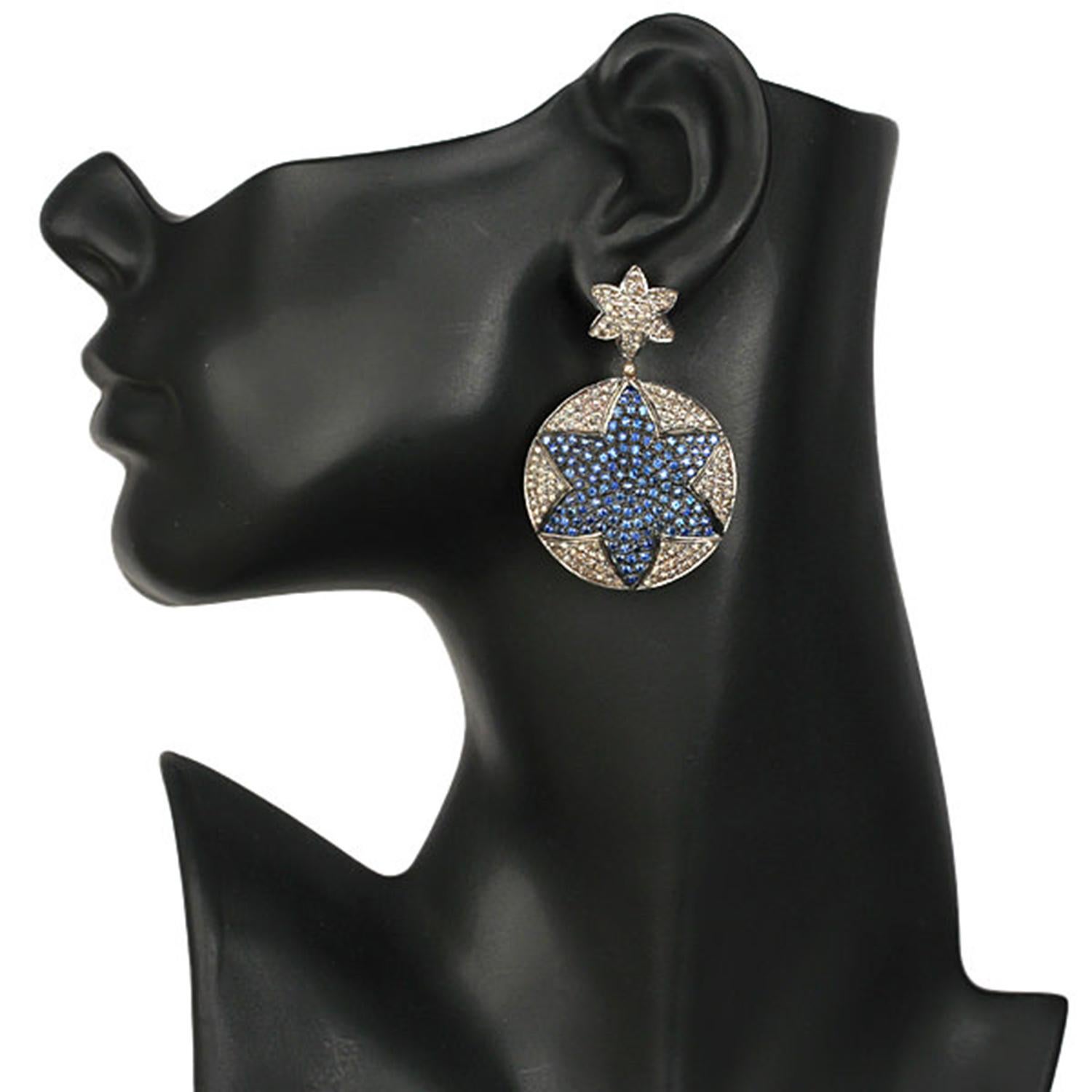 Art Deco Pave Diamond Disc Dangle Earrings With Blue Sapphire Star For Sale