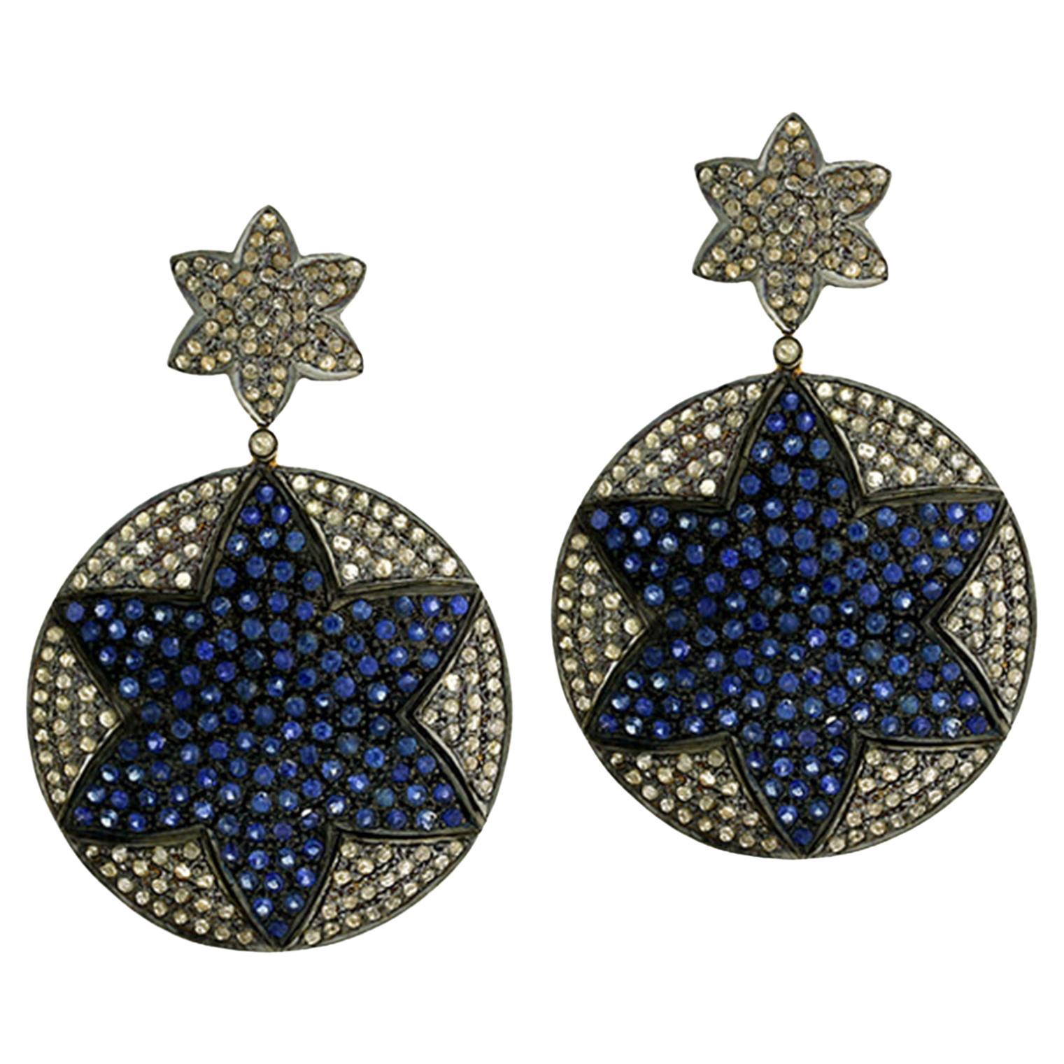 Pave Diamond Disc Dangle Earrings With Blue Sapphire Star For Sale