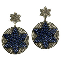 Pave Diamond Disc Dangle Earrings With Blue Sapphire Star