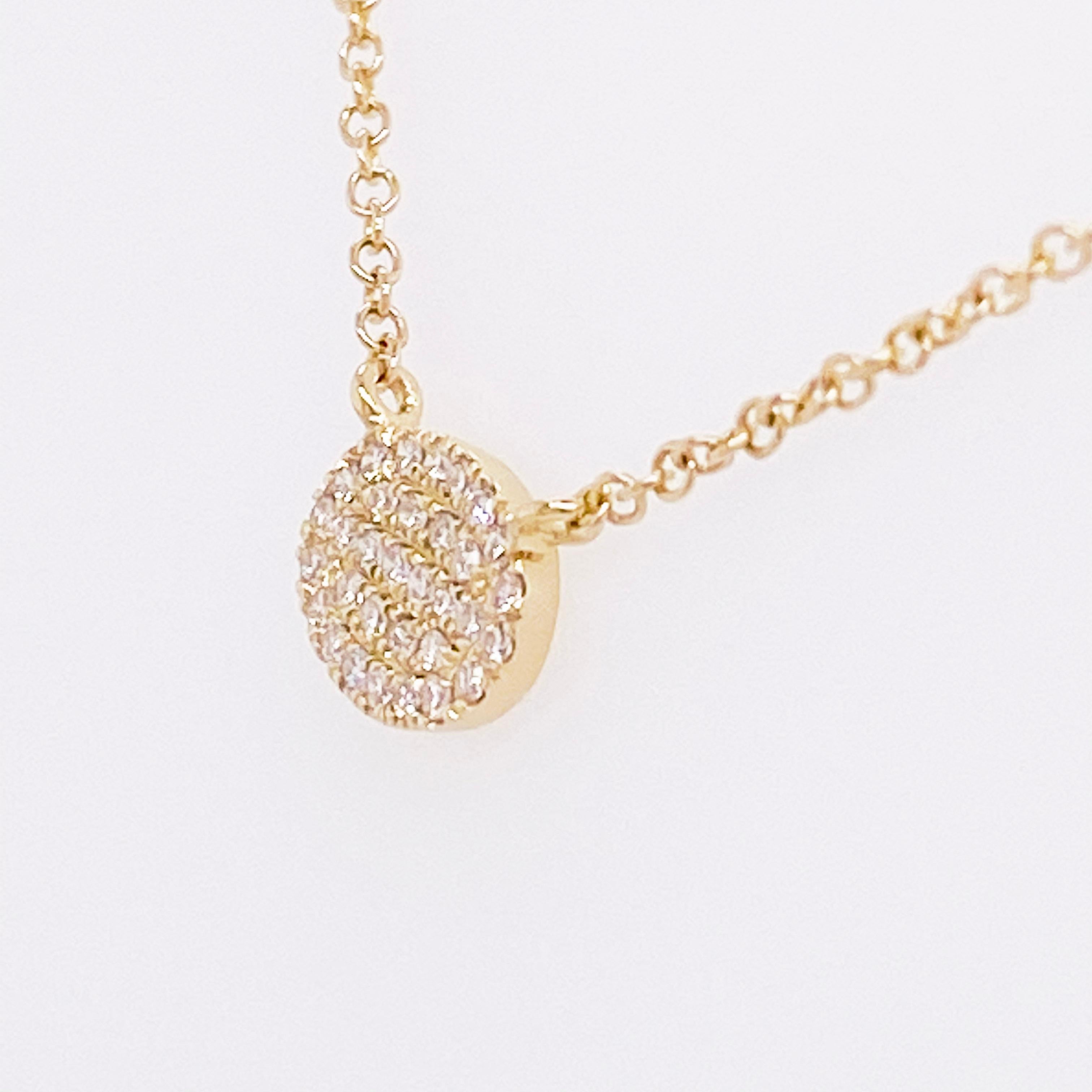 Modern Pave Diamond Disk Necklace, 14 Karat Yellow Gold, Oval Diamond Disk Pendant Bolo For Sale