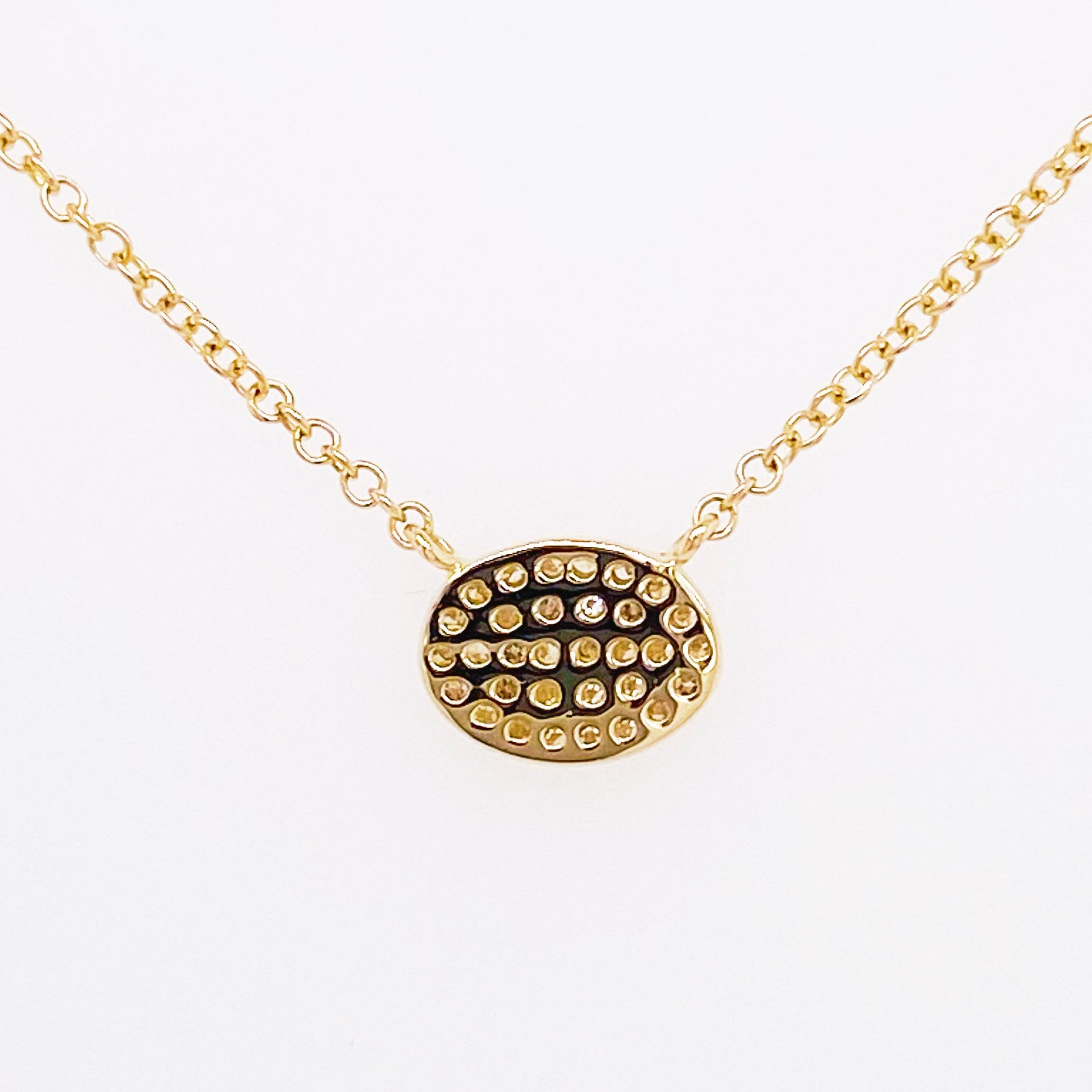 Women's Pave Diamond Disk Necklace, 14 Karat Yellow Gold, Oval Diamond Disk Pendant Bolo For Sale