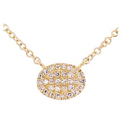 Collar Disco de Diamantes Pave, Oro Amarillo 14 Kilates, Bolo Colgante Disco de Diamantes Ovalados
