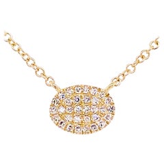 Pave Diamond Disk Necklace, 14 Karat Yellow Gold, Oval Diamond Disk Pendant Bolo