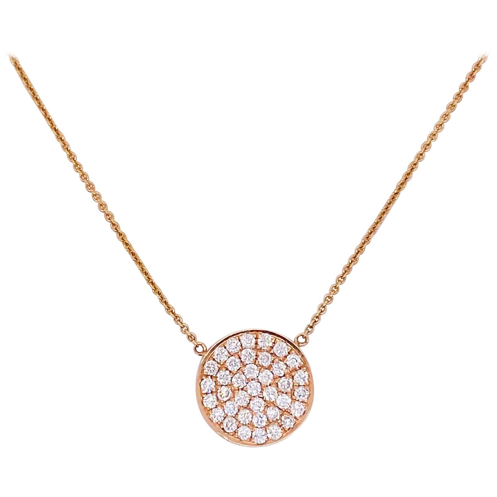 Pave Diamond Disk Rose Gold Necklace 14 Karat Gold 1/2 Carat Diamond Pendant For Sale