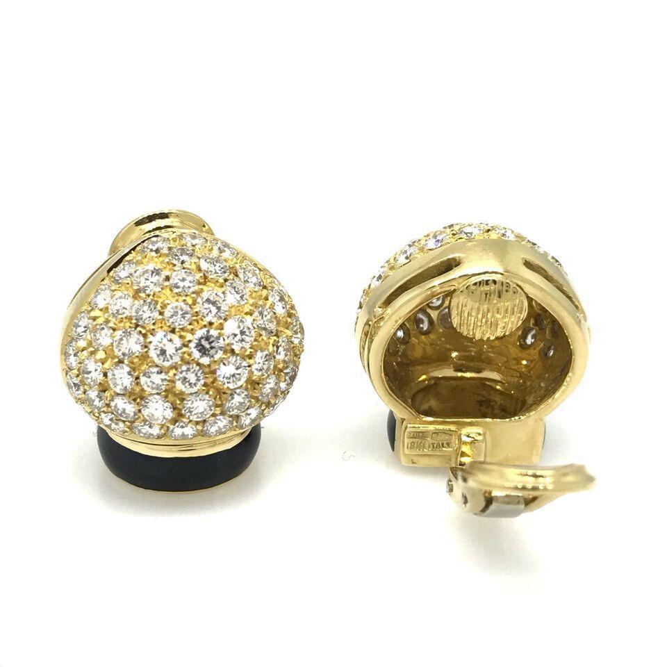Round Cut Pave Diamond Dome Earrings with Black Enamel in 18k Yellow Gold For Sale