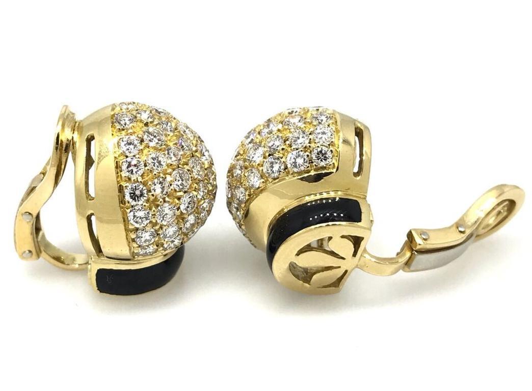 Women's Pave Diamond Dome Earrings with Black Enamel in 18k Yellow Gold For Sale