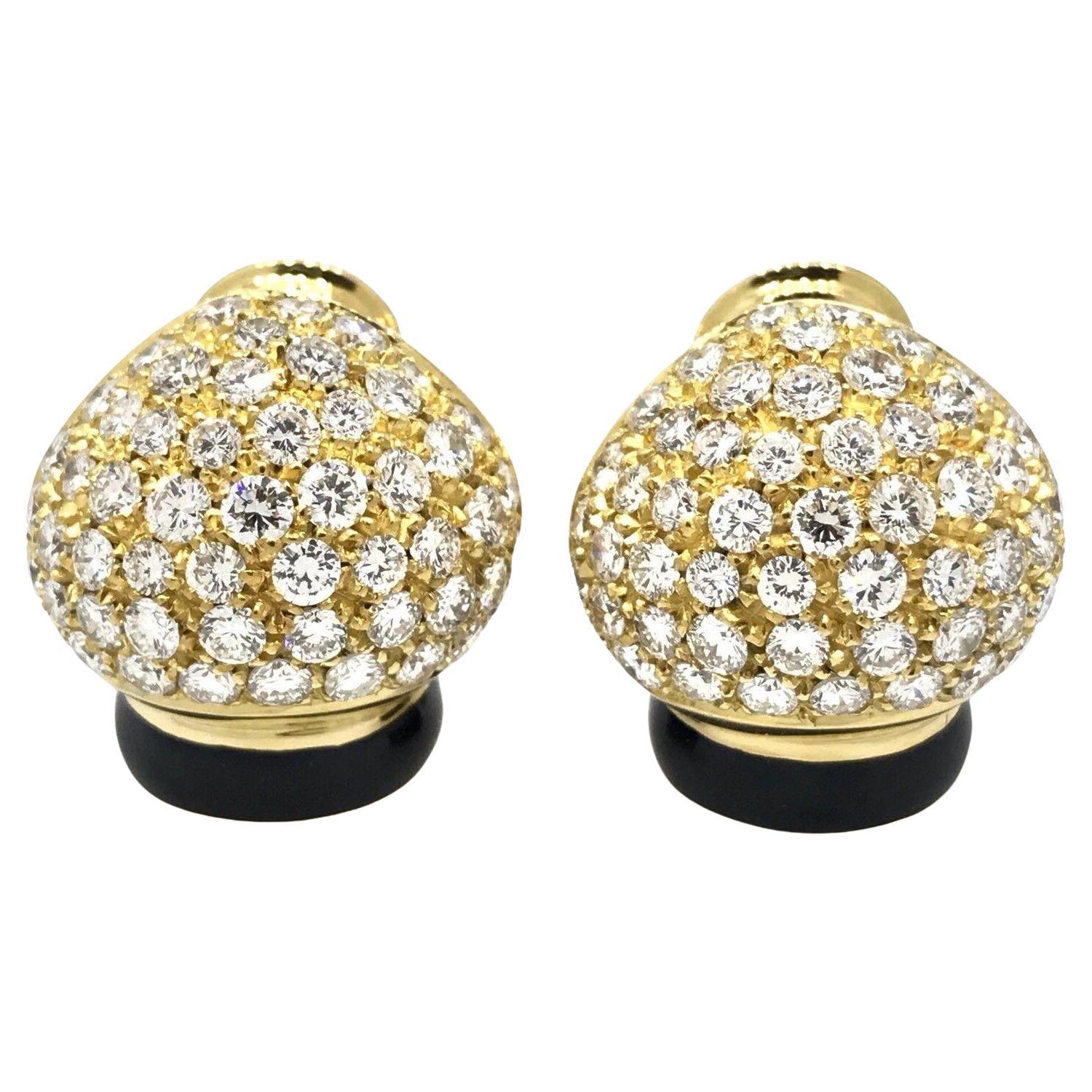 Pave Diamond Dome Earrings with Black Enamel in 18k Yellow Gold For Sale