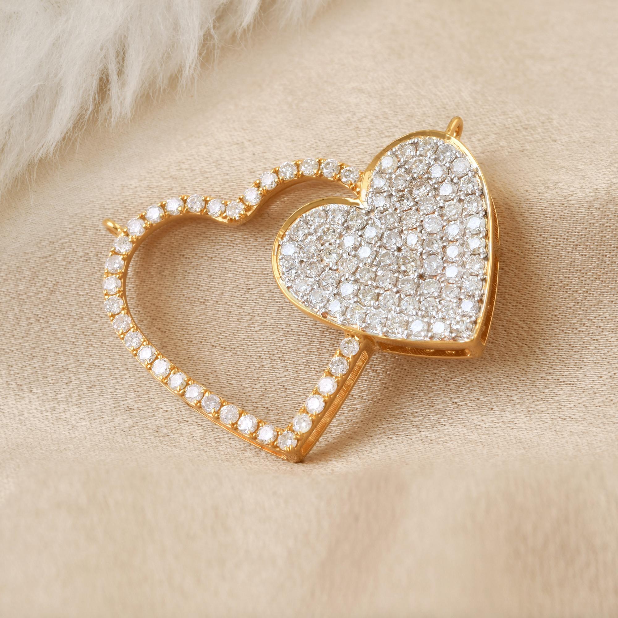 Modern Pave Diamond Double Heart Charm Pendant 18 Karat Yellow Gold For Sale