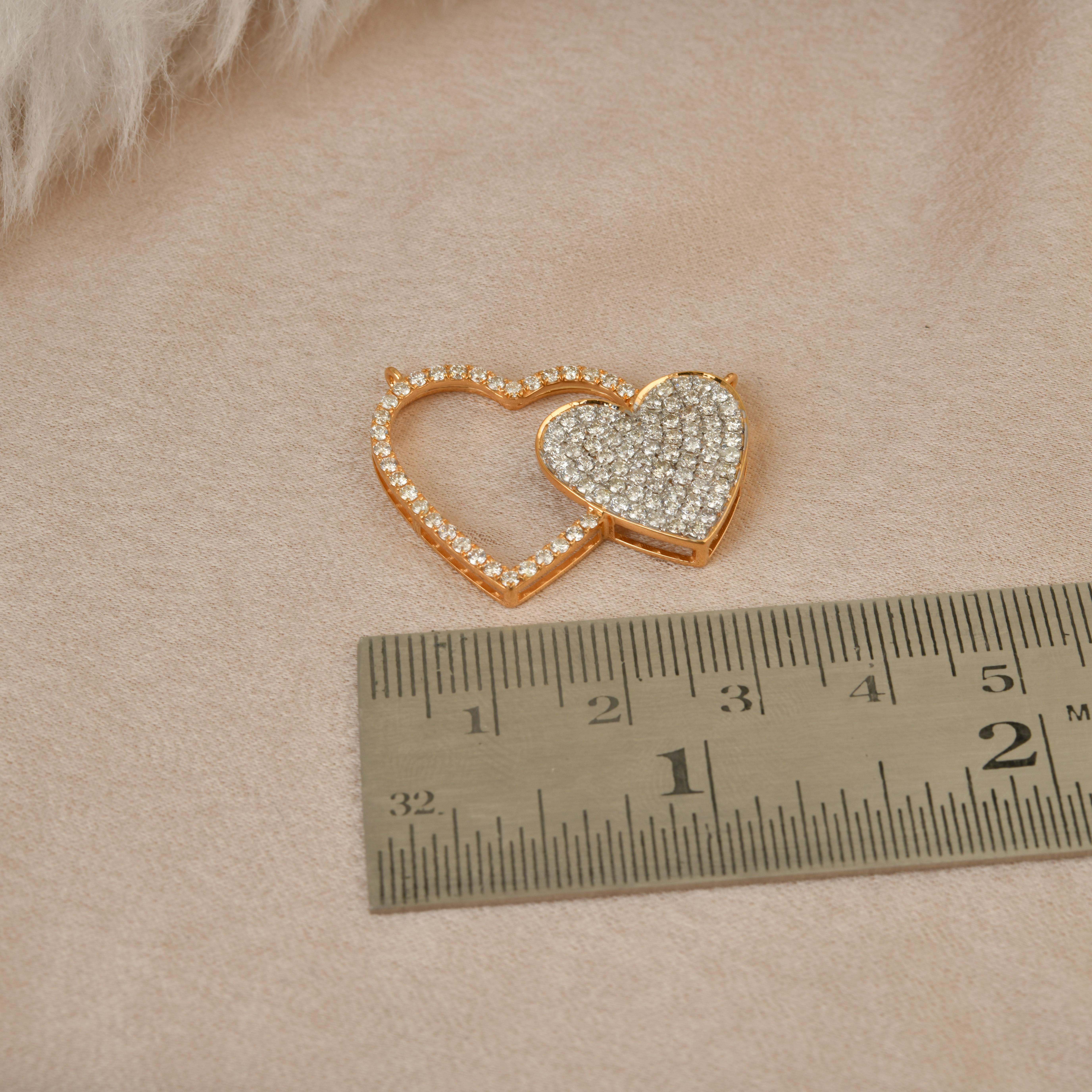 Round Cut Pave Diamond Double Heart Charm Pendant 18 Karat Yellow Gold For Sale