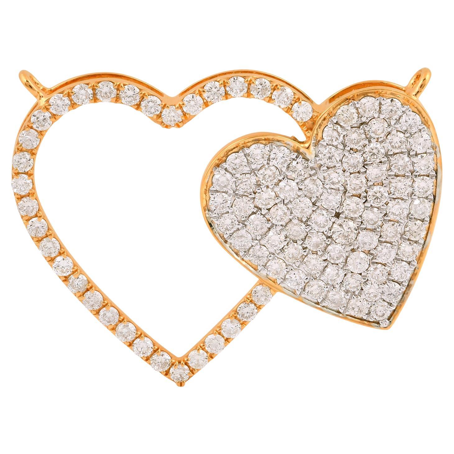 Pave Diamond Double Heart Charm Pendant 18 Karat Yellow Gold For Sale