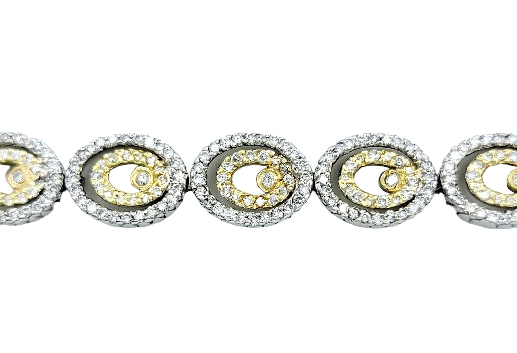 Contemporary Pave Diamond Double Oval Link Bracelet in Two-Tone 14K White and Yellow Gold For Sale