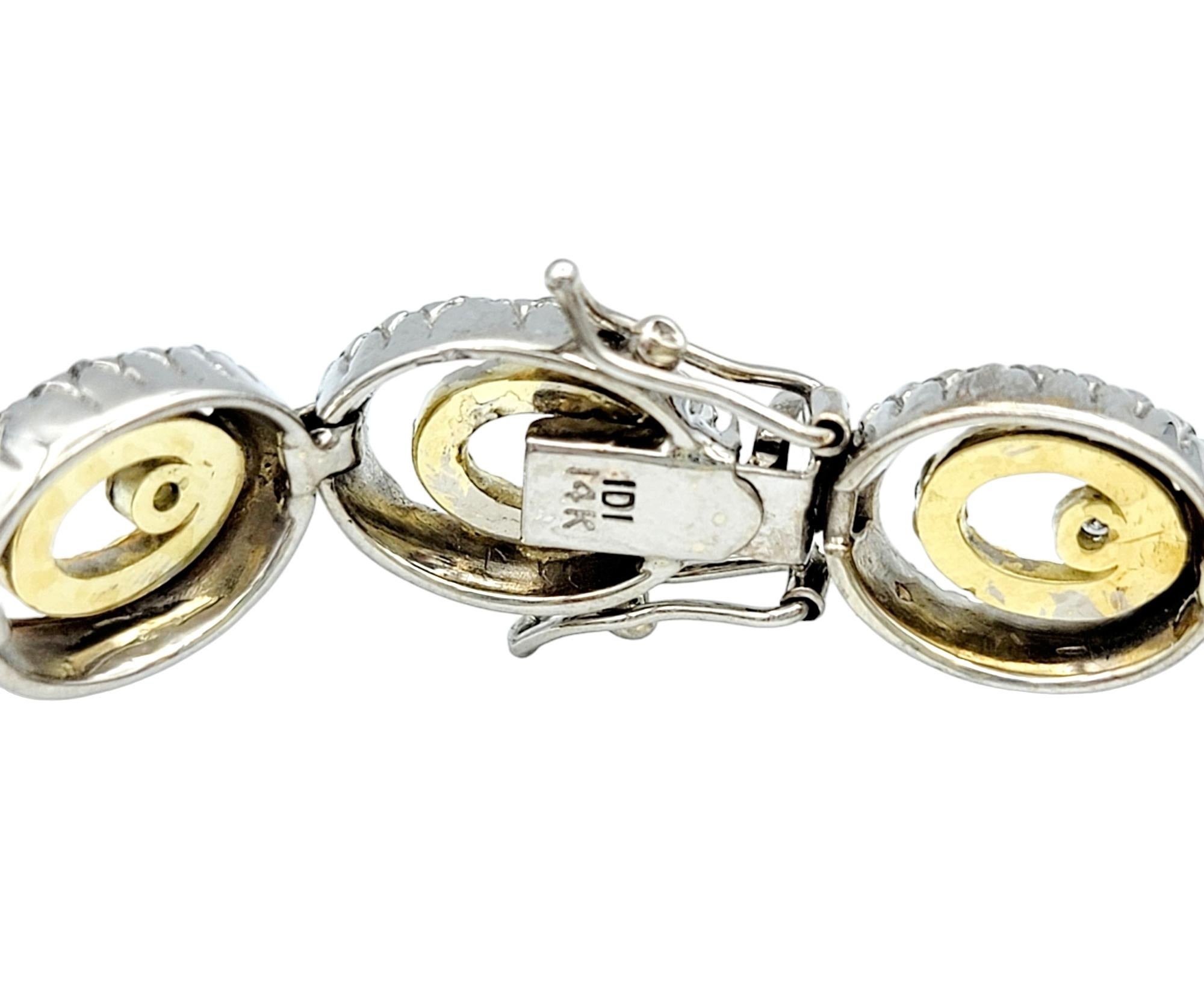 Pave Diamond Double Oval Link Bracelet in Two-Tone 14K White and Yellow Gold In Good Condition For Sale In Scottsdale, AZ