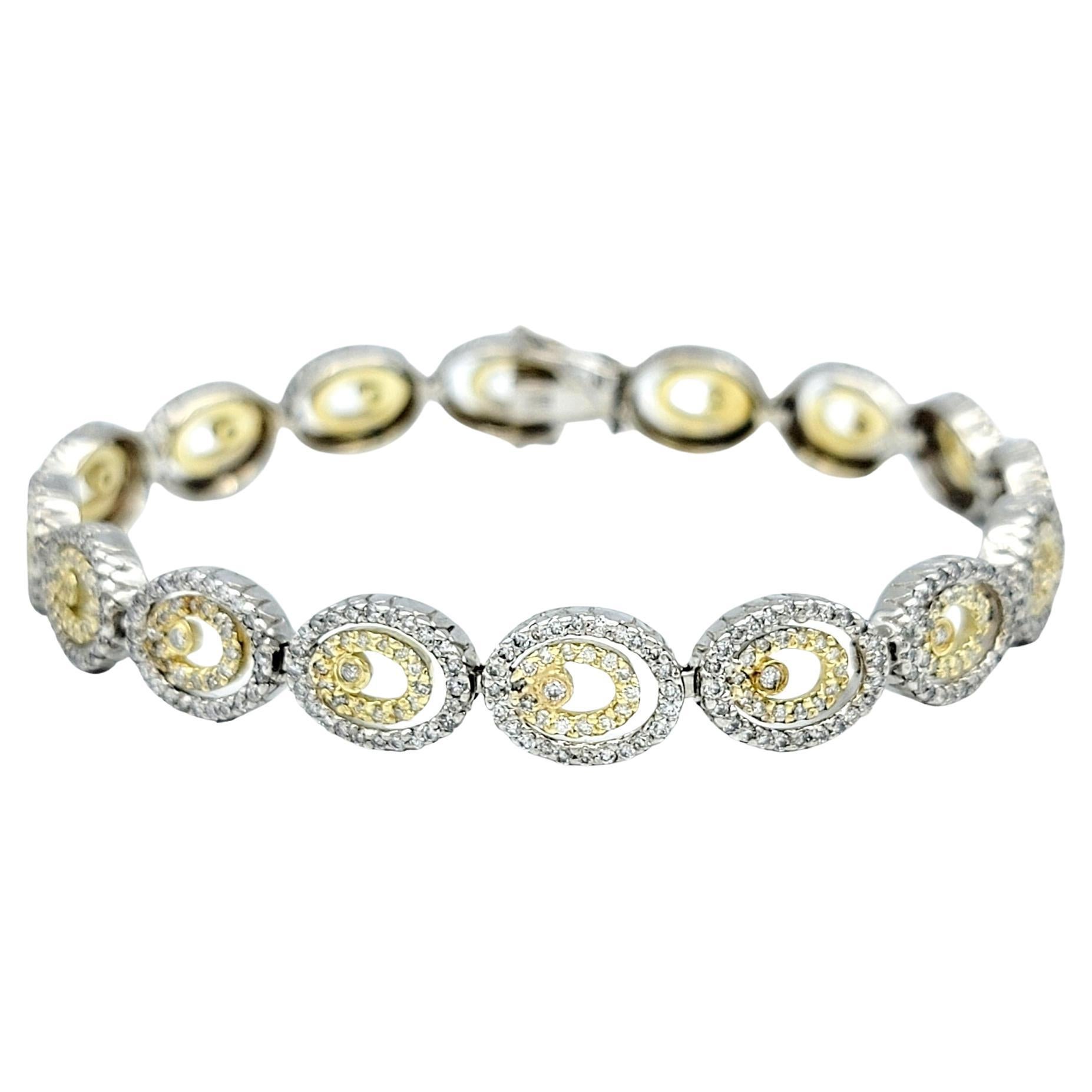 Pave Diamond Double Oval Link Bracelet in Two-Tone 14K White and Yellow Gold For Sale