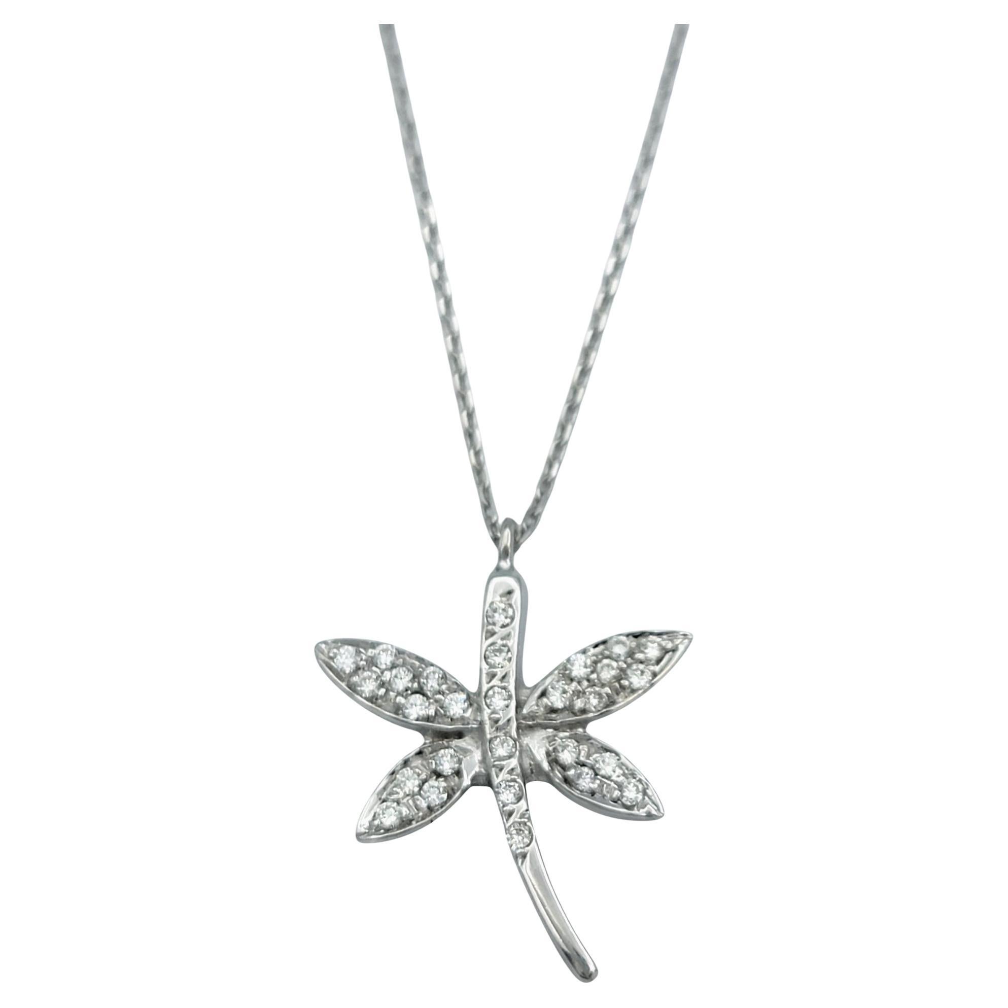 Pavé Diamond Dragonfly Pendant Necklace in Polished White Gold