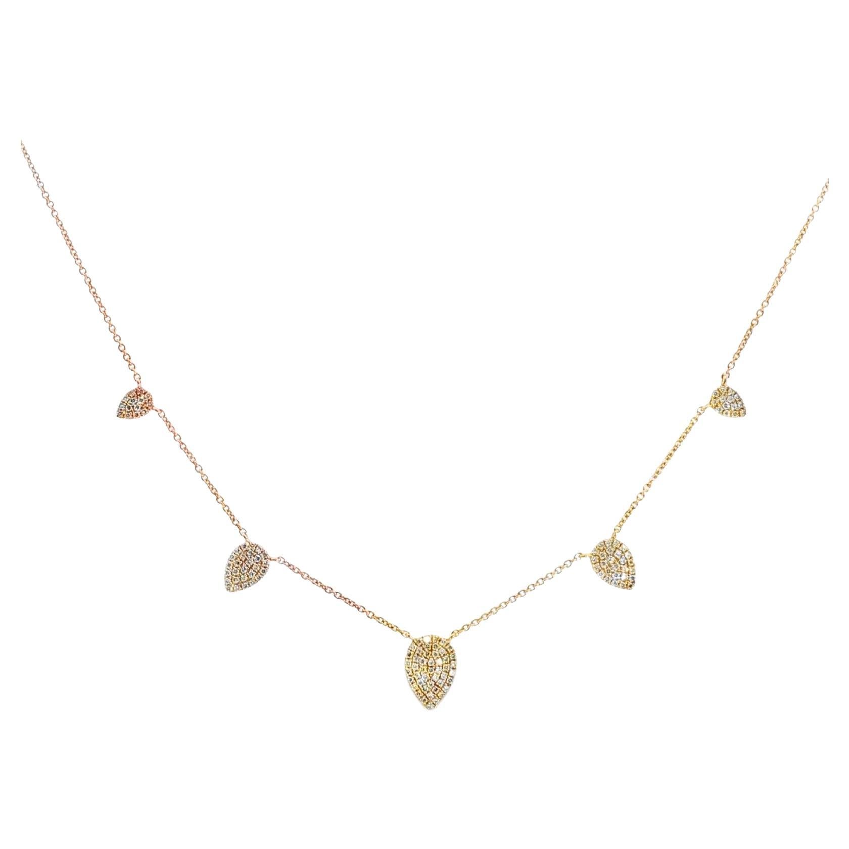 Collana moderna con pavé di diamanti a goccia e 5 stazioni in oro rosa 14 carati A Link
